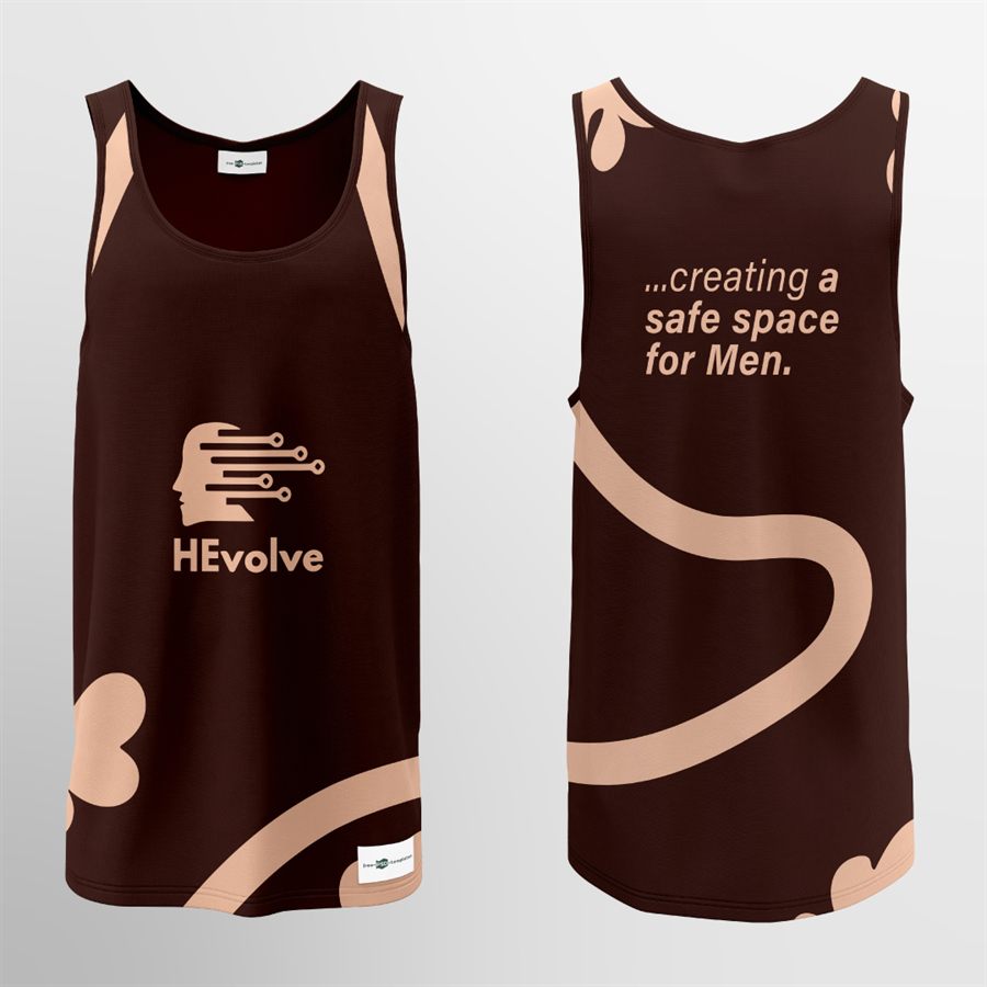 HEvolve Foundation singlet in brown reading creating a safe space for men
