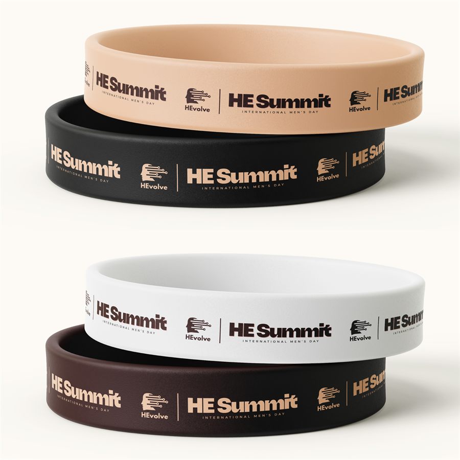 HEvolve Foundation HE Summit wristbands in white and brown